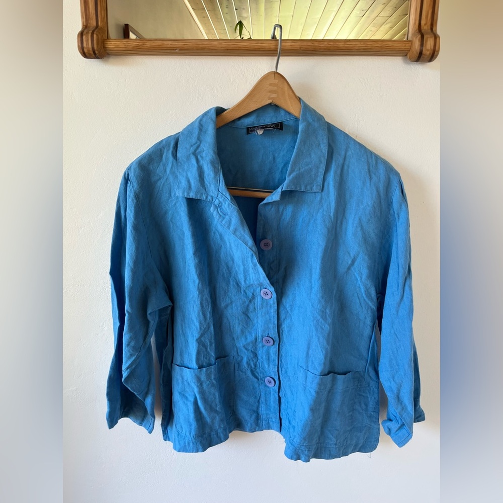 Vintage Linen Blue Button-Up Top Size Medium